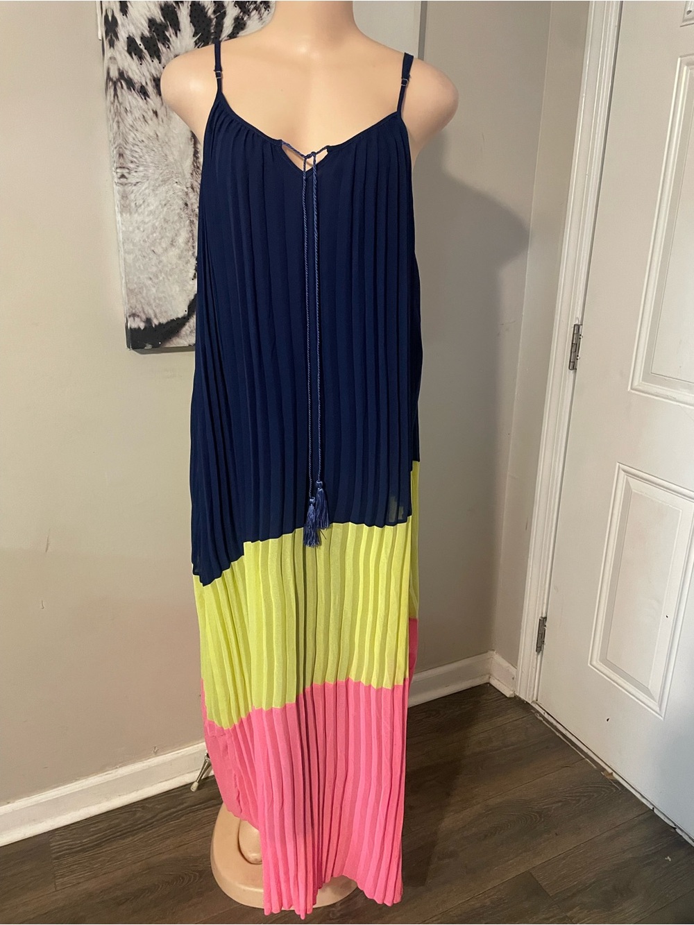 New Pleated Colorblock Maxi Dress Spagetti strap tassel accent tie Magic Medium